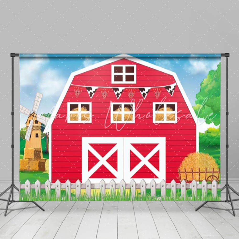 Cartoon Red Farm Barn Door Birthday Party Backdrop For Children