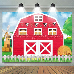 Cartoon Red Farm Barn Door Birthday Party Backdrop For Children
