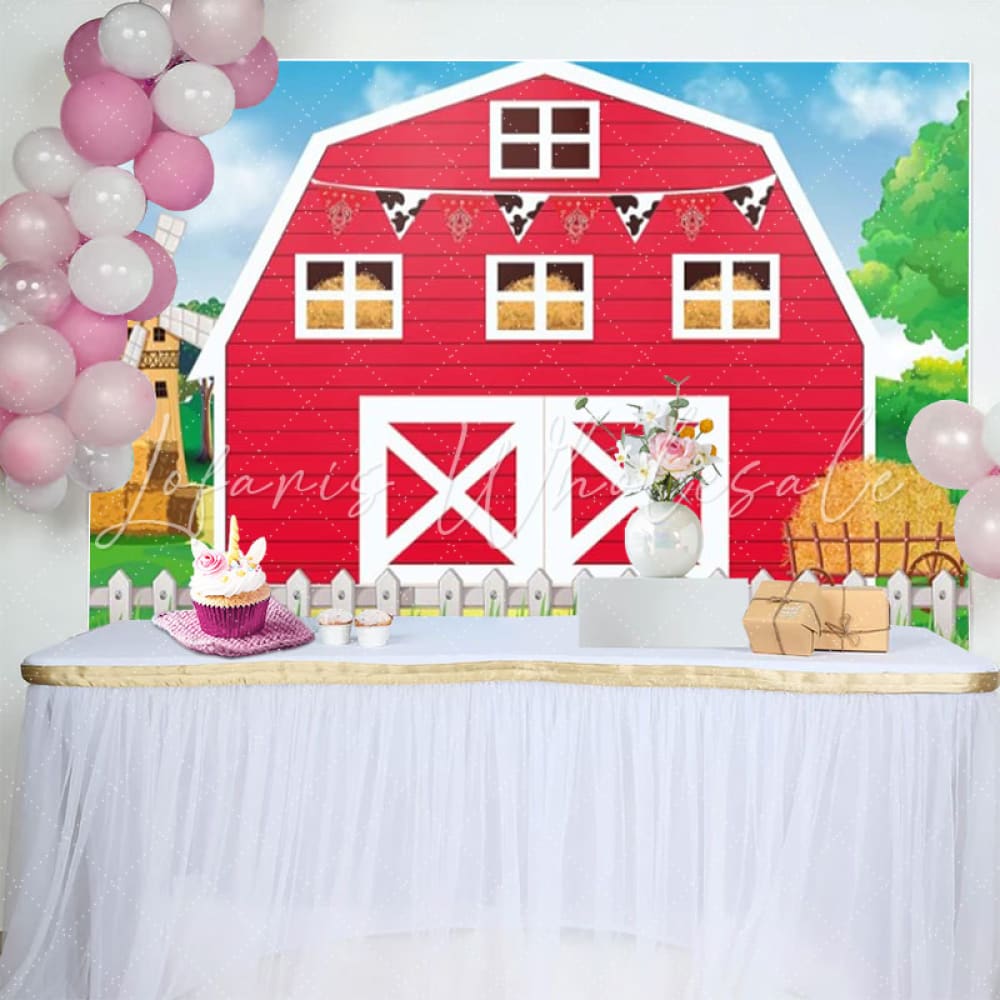 Cartoon Red Farm Barn Door Birthday Party Backdrop For Children