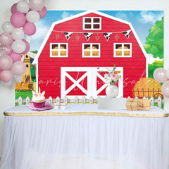 Cartoon Red Farm Barn Door Birthday Party Backdrop For Children