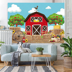 Lofaris Cartoon Red Farmhouse Blue Sky Sunflower Birthday Backdrop