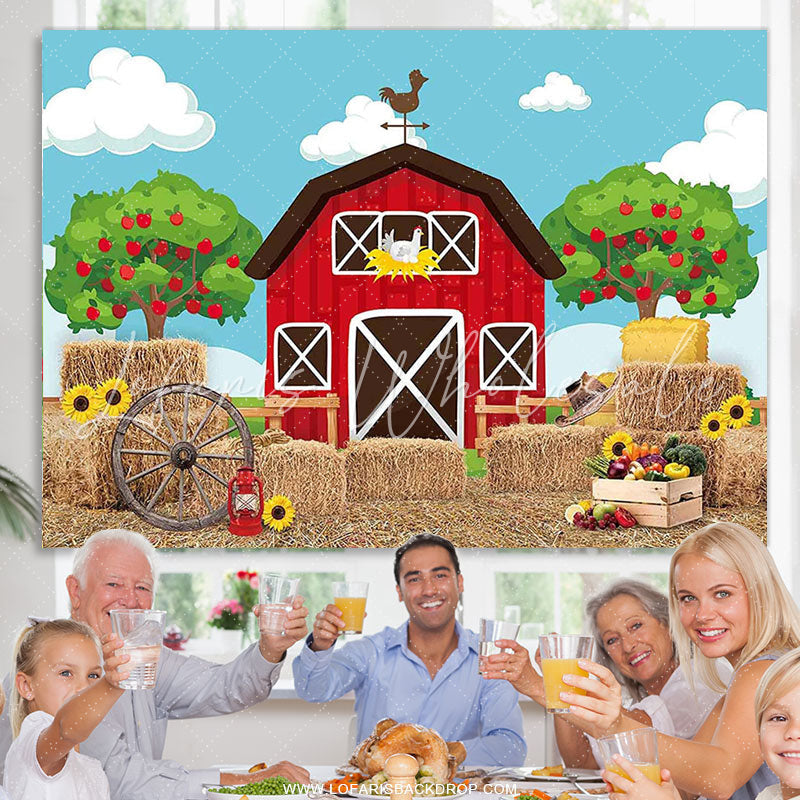 Lofaris Cartoon Red Farmhouse Blue Sky Sunflower Birthday Backdrop