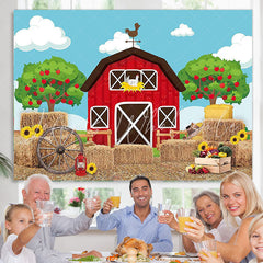 Lofaris Cartoon Red Farmhouse Blue Sky Sunflower Birthday Backdrop