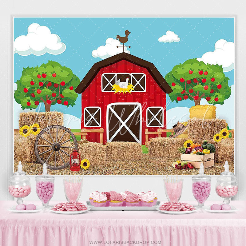 Lofaris Cartoon Red Farmhouse Blue Sky Sunflower Birthday Backdrop
