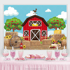 Lofaris Cartoon Red Farmhouse Blue Sky Sunflower Birthday Backdrop