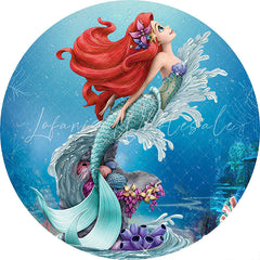 Lofaris Cartoon Sea Blue Glitter Mermaid Round Birthday Backdorop Kit