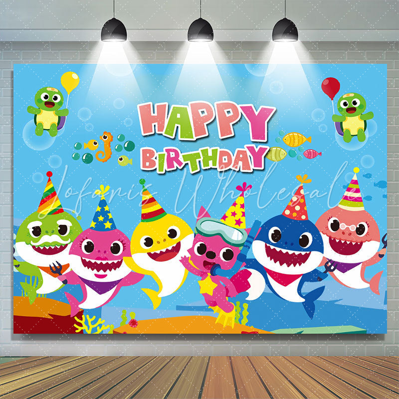 Lofaris Happy Birthday Blue Ocean Themed Cartoon Shark Backdrop