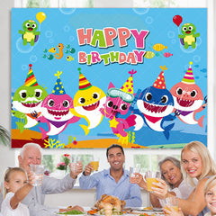 Lofaris Happy Birthday Blue Ocean Themed Cartoon Shark Backdrop