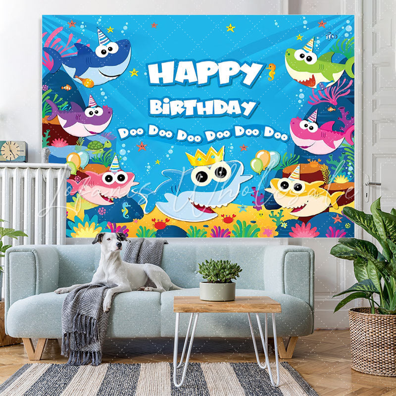 Lofaris Cartoon Shark Happy Birthday Theme Backdrop for baby