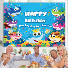 Lofaris Cartoon Shark Happy Birthday Theme Backdrop for baby