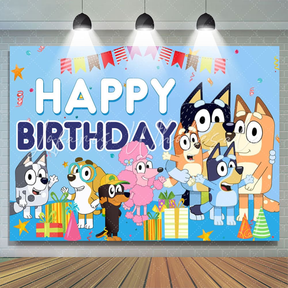 Lofaris Cartoon Sheepdog Blue Theme Happy Birthday Backdrop