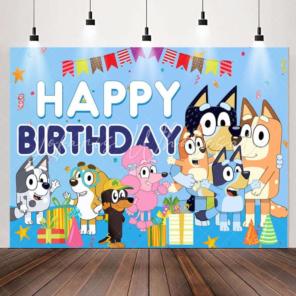 Lofaris Cartoon Sheepdog Blue Theme Happy Birthday Backdrop