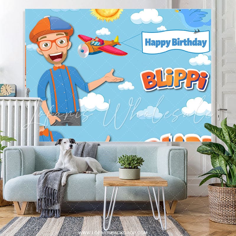 Lofaris Cartoon Sky Blippi Theme Happy Birthday Backdrop