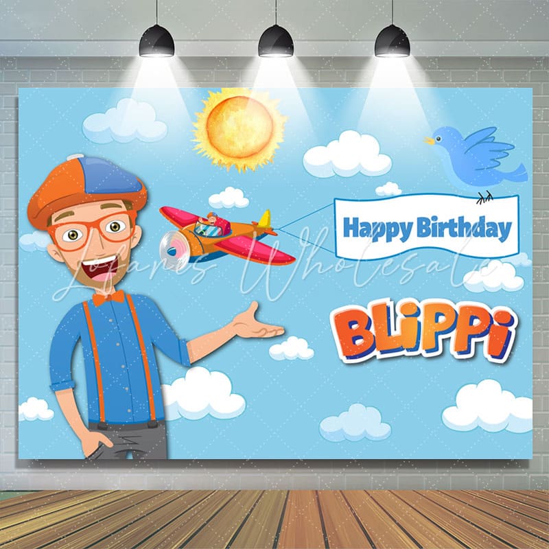 Lofaris Cartoon Sky Blippi Theme Happy Birthday Backdrop