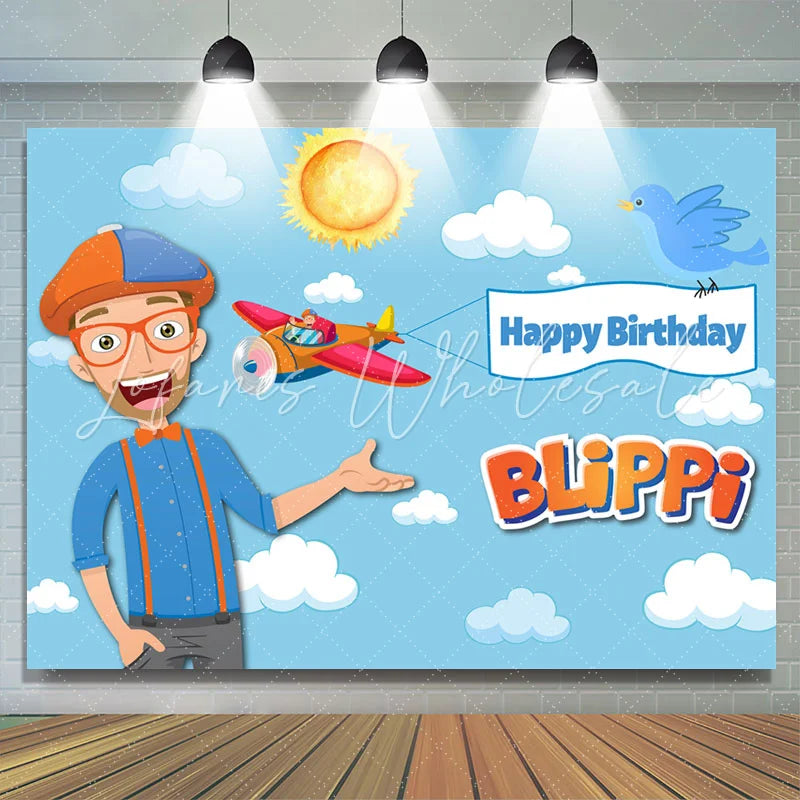 Lofaris Cartoon Sky Blippi Theme Happy Birthday Backdrop