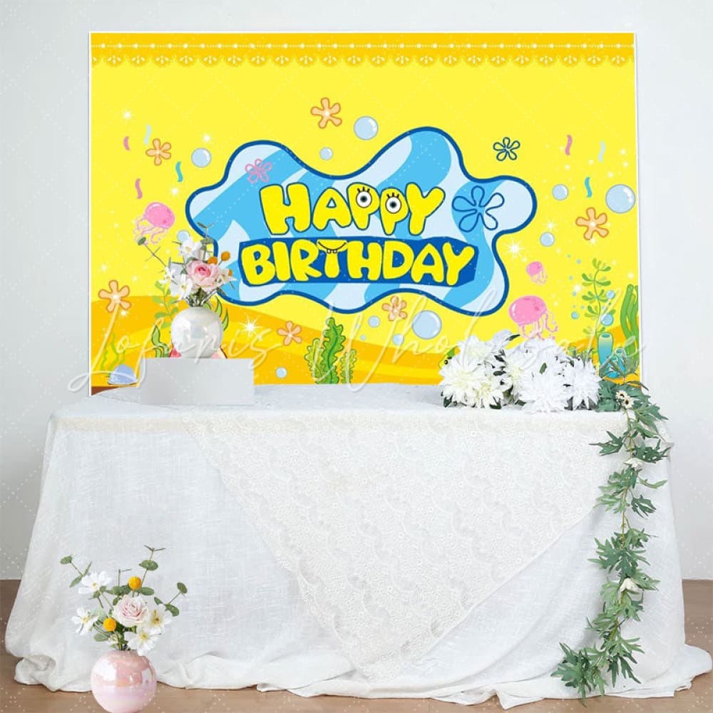 Cartoon Spongebob Undersea Yellow Birthday Party Backdrop For Kids