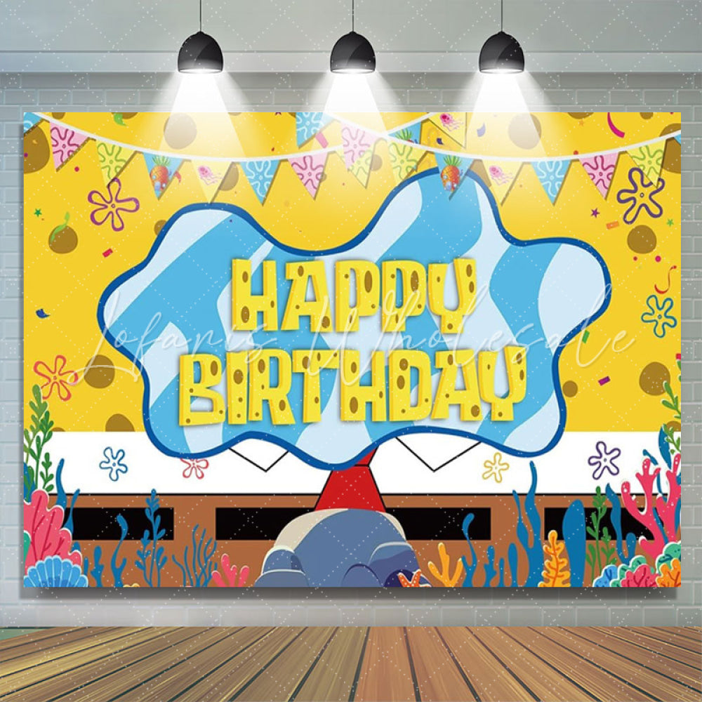 Cartoon Spongebob Yellow Birthday Party Backdrop For Cute Themed Party