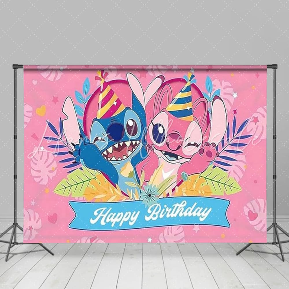 Cartoon Stitch Pink Angel Happy Birthday Party Backdrop For Kids