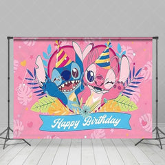 Cartoon Stitch Pink Angel Happy Birthday Party Backdrop For Kids
