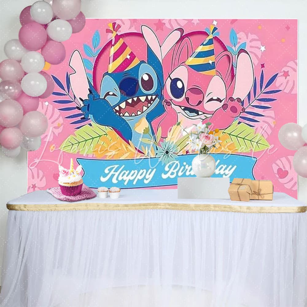 Cartoon Stitch Pink Angel Happy Birthday Party Backdrop For Kids