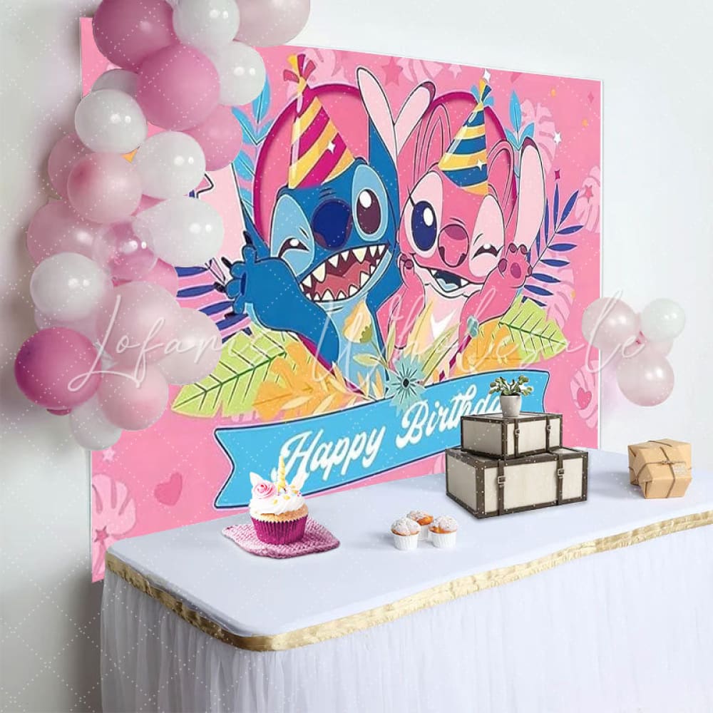 Cartoon Stitch Pink Angel Happy Birthday Party Backdrop For Kids