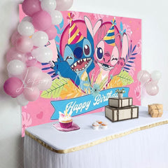 Cartoon Stitch Pink Angel Happy Birthday Party Backdrop For Kids