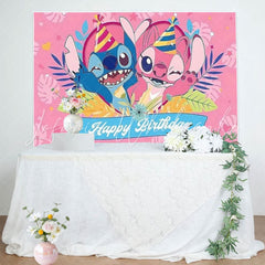 Cartoon Stitch Pink Angel Happy Birthday Party Backdrop For Kids