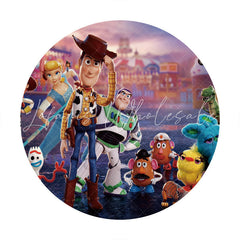 Lofaris Cartoon Street And Toys Round Happy Birthday Backdrop