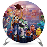 Lofaris Cartoon Street And Toys Round Happy Birthday Backdrop