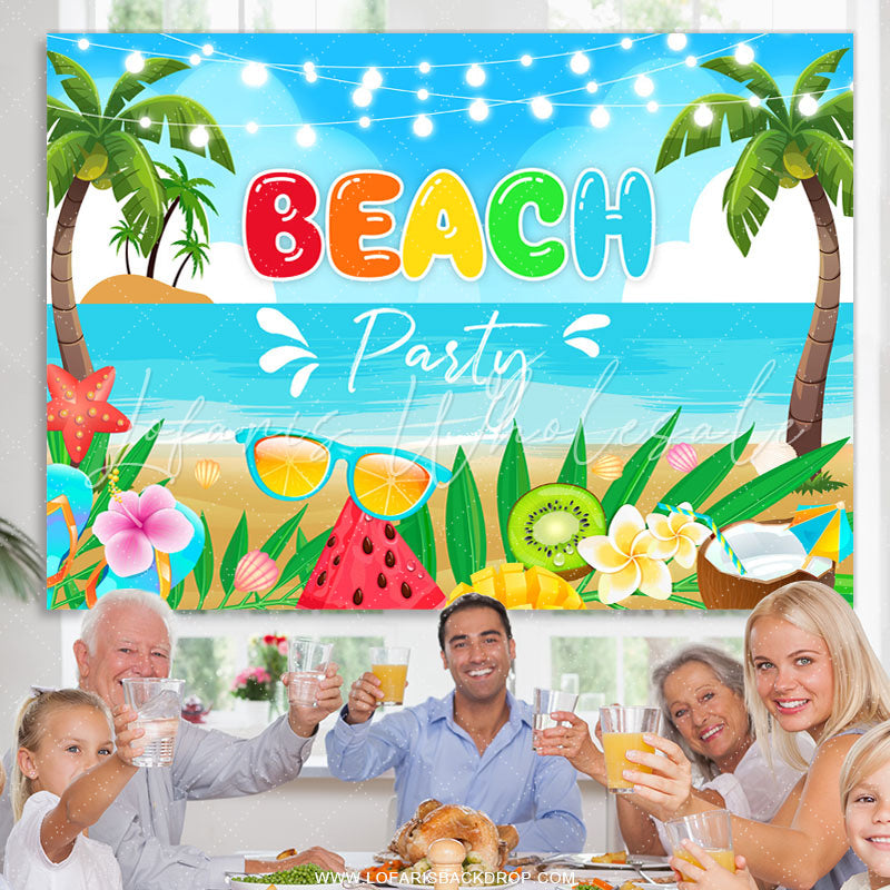Lofaris Cartoon Summer Beach Coconut Tree Birthday Backdrop