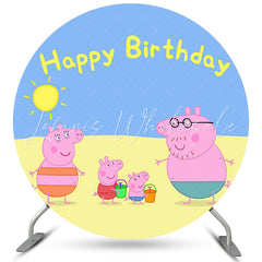 Lofaris Cartoon Summer Beach Round Blue Happy Birthday Backdrop