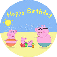 Lofaris Cartoon Summer Beach Round Blue Happy Birthday Backdrop