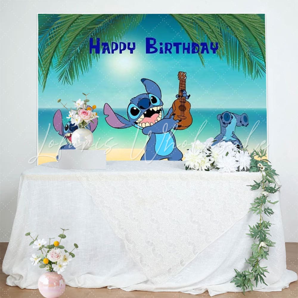 Cartoon Summer Tropical Luau Monster Stitch Happy Birthday Backdrop