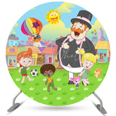 Lofaris Cartoon Sunny Cloud Round Happy Kids Birthday Backdrop