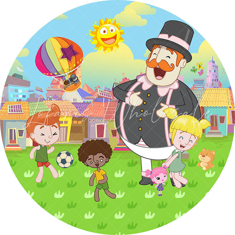 Lofaris Cartoon Sunny Cloud Round Happy Kids Birthday Backdrop