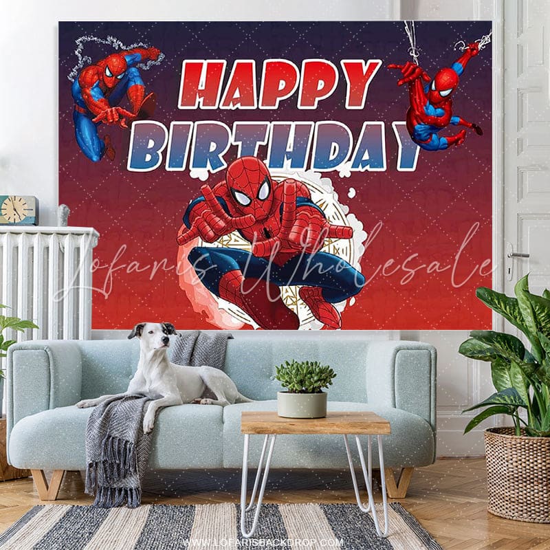 Lofaris Cartoon Super Hero Red Happy Birthday Backdrop Banner