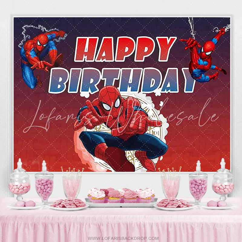 Lofaris Cartoon Super Hero Red Happy Birthday Backdrop Banner
