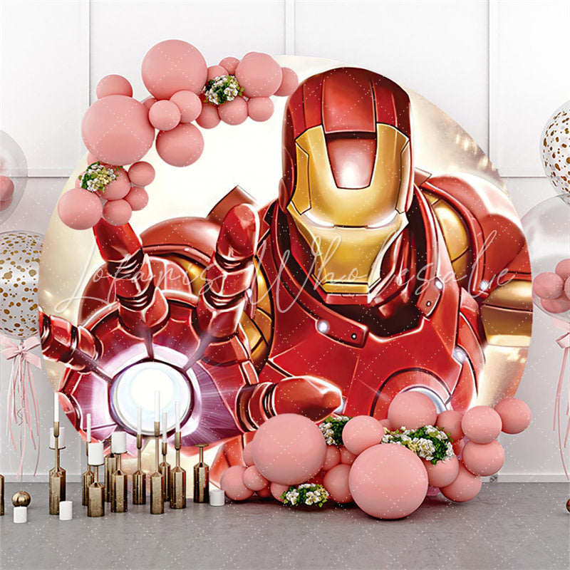 Lofaris Cartoon Super Hero Round Gold Red Birthday Backdrop