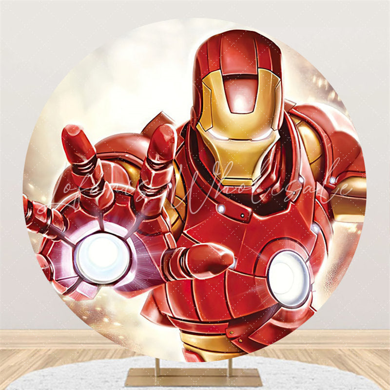 Lofaris Cartoon Super Hero Round Gold Red Birthday Backdrop