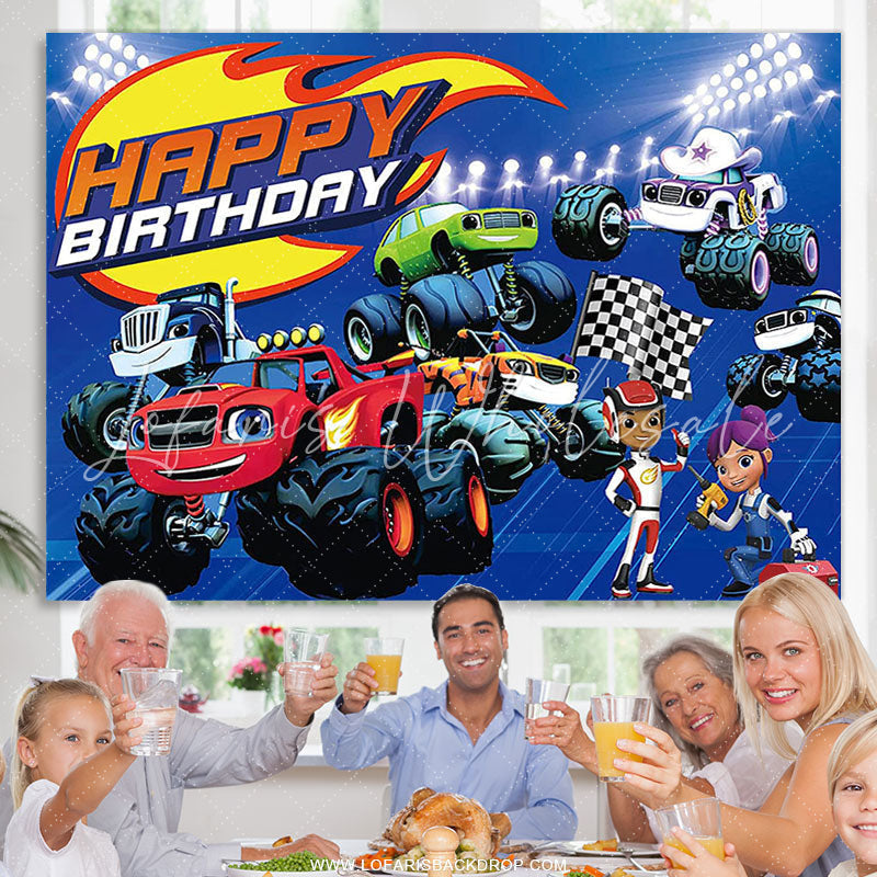 Lofaris Cartoon Super Racing Cars Theme Happy Birthday Backdrop