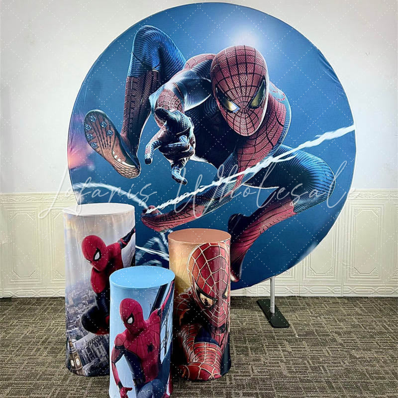 Lofaris Cartoon Superhero Boy Birthday Round Backdrop Kit