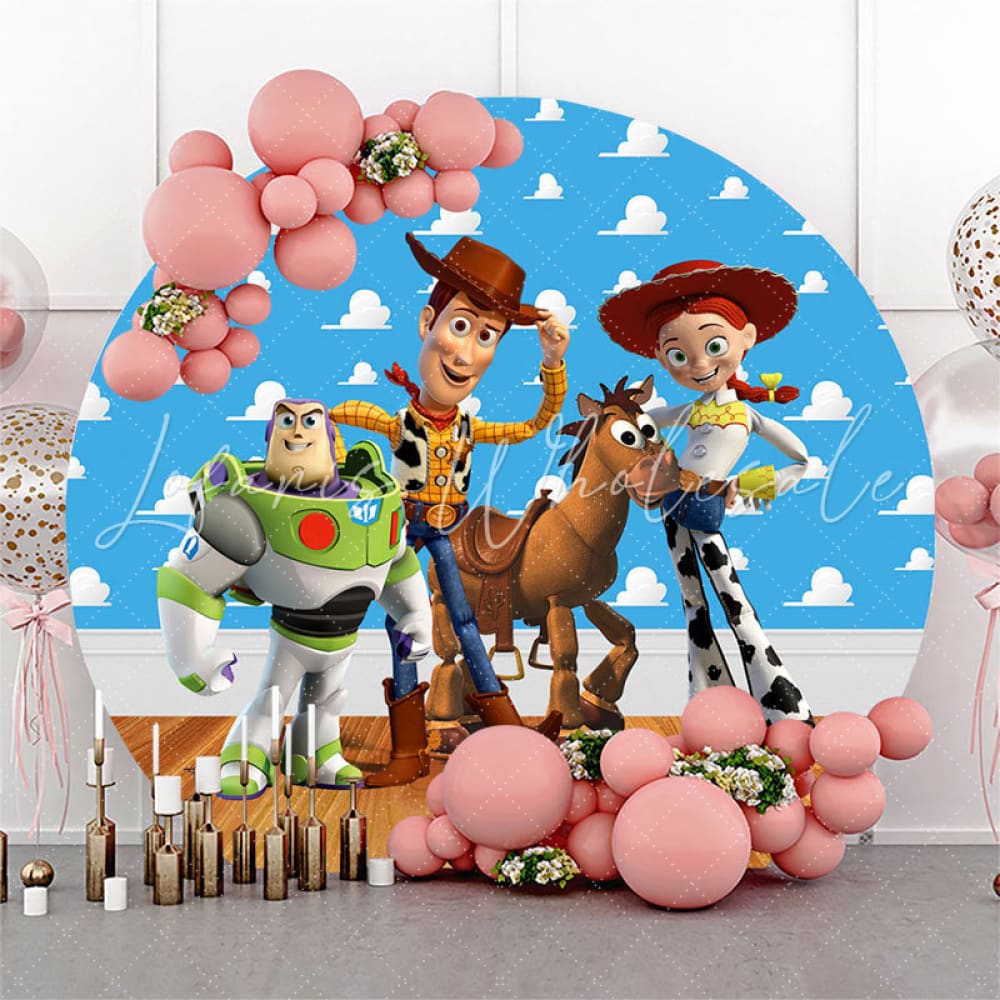 Lofaris Cartoon Toy Friends Round Birthday Backdrop Kit