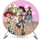 Lofaris Cartoon Toys Pink Wooden Round Happy Birthday Backdrop