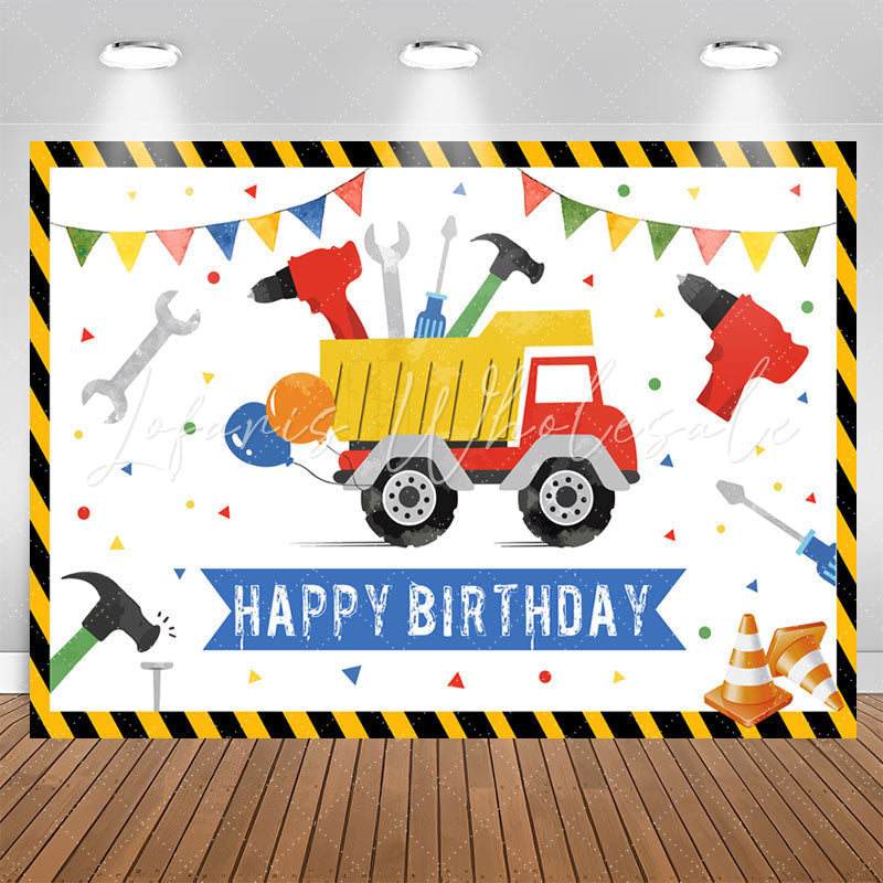 Lofaris Cartoon Truck Tool White Happy Birthday Backdrop