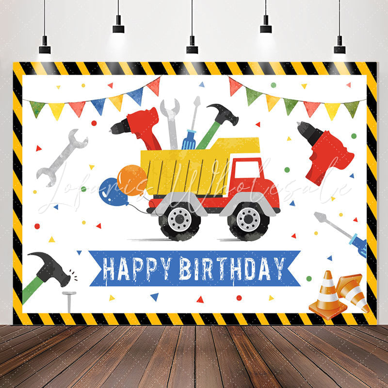 Lofaris Cartoon Truck Tool White Happy Birthday Backdrop