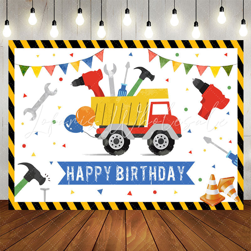 Lofaris Cartoon Truck Tool White Happy Birthday Backdrop