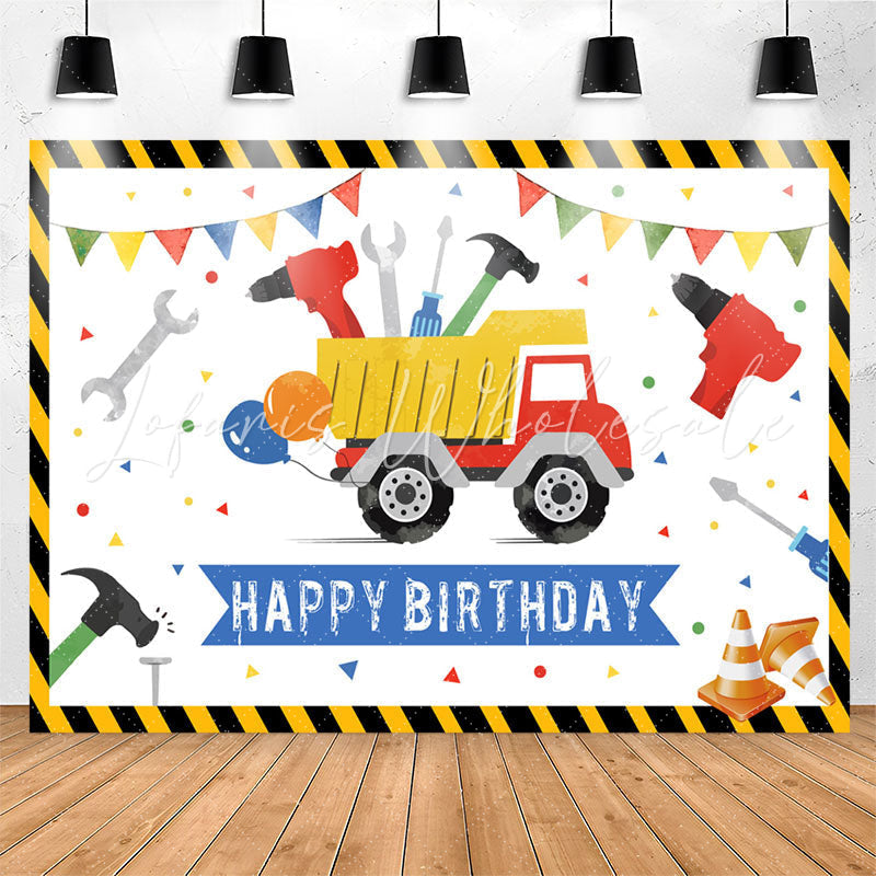 Lofaris Cartoon Truck Tool White Happy Birthday Backdrop