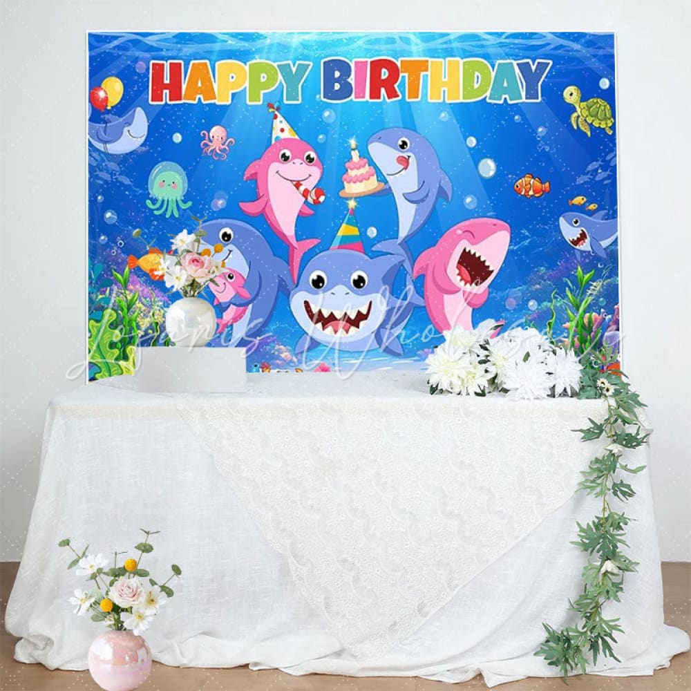 Cartoon Under The Sea Cute Shark Birthday Backdrop For Kids