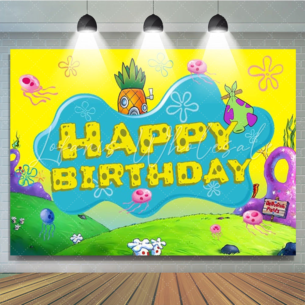 Cartoon Undersea Yellow Spongebob Happy Birthday Backdrop