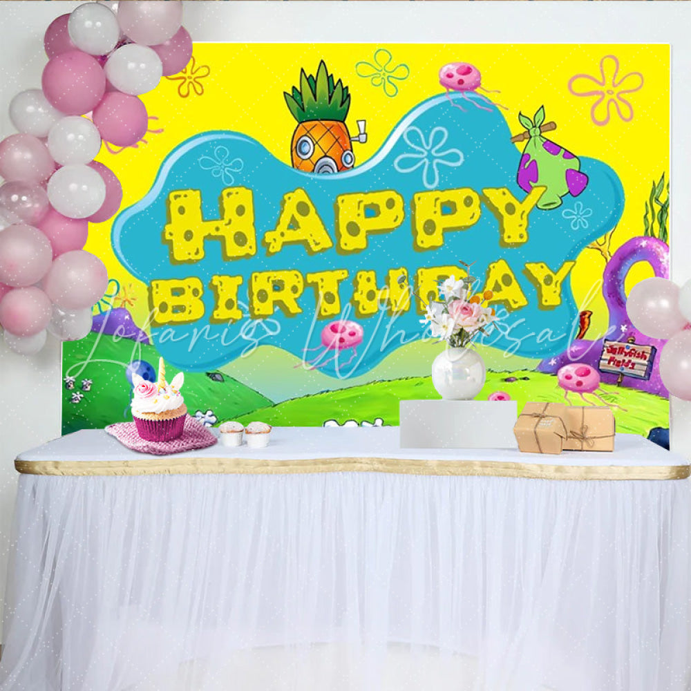 Cartoon Undersea Yellow Spongebob Happy Birthday Backdrop
